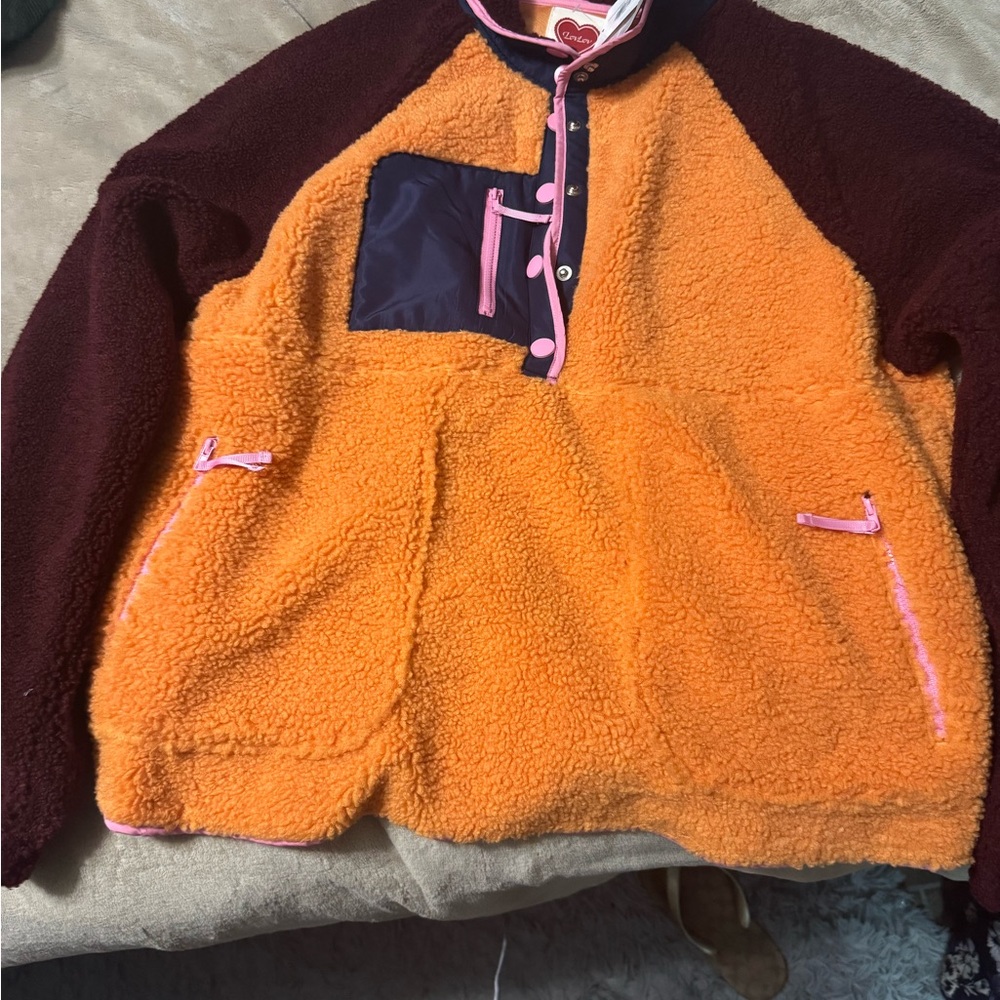 Women’s Colorblock Sherpa Pullover Hoodie in Orange & Burgundy